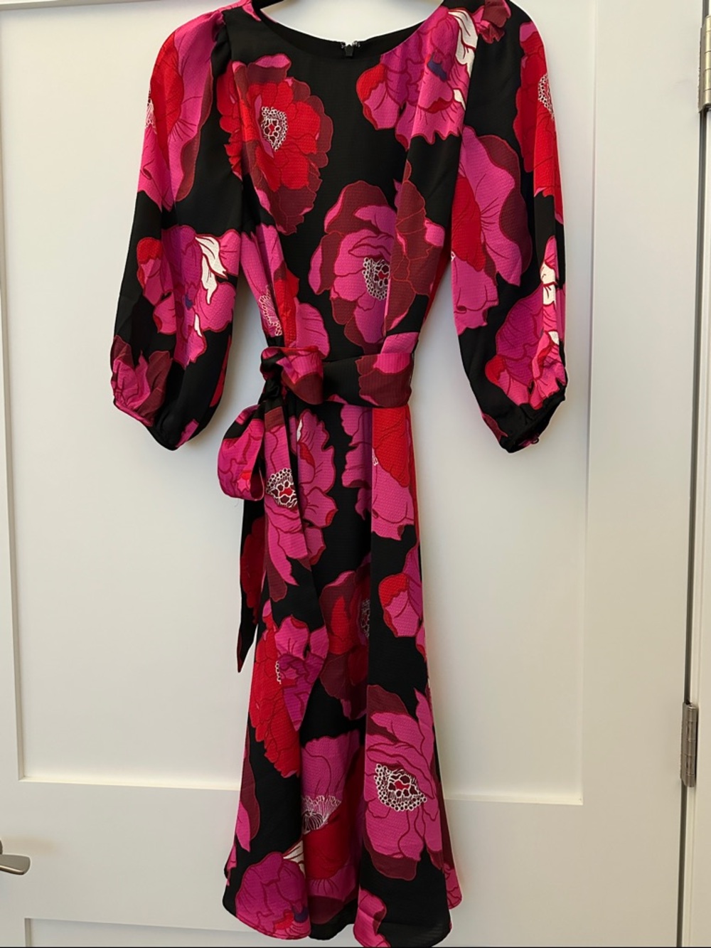 Talbots Black Midi Wrap Dress with Pink & Red Floral Print